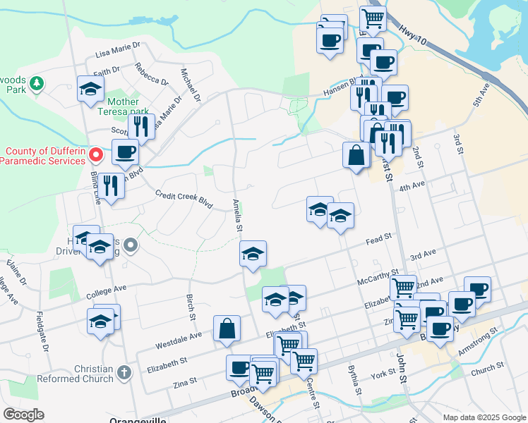 map of restaurants, bars, coffee shops, grocery stores, and more near 43 Forest Park Road in Orangeville
