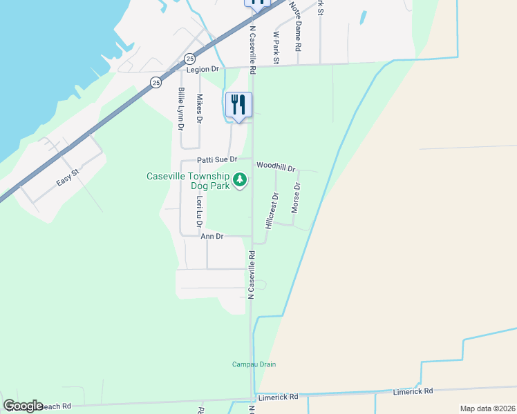 map of restaurants, bars, coffee shops, grocery stores, and more near 4798 Hillcrest Drive in Caseville