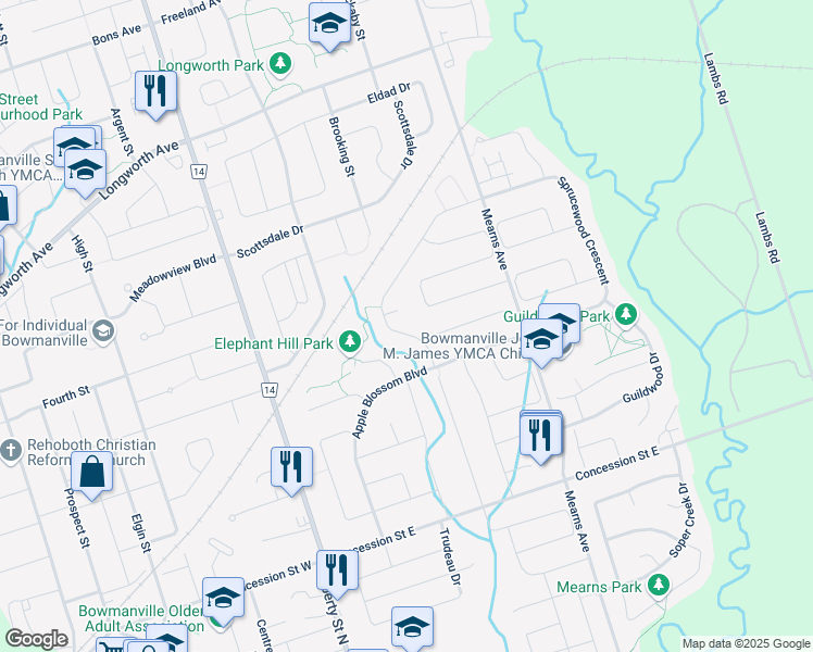 map of restaurants, bars, coffee shops, grocery stores, and more near 23 Elephant Hill Drive in Bowmanville