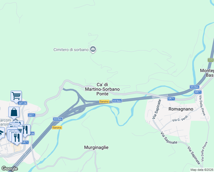 map of restaurants, bars, coffee shops, grocery stores, and more near 31 Via Sorbano in Ca' di Martino-Sorbano Ponte