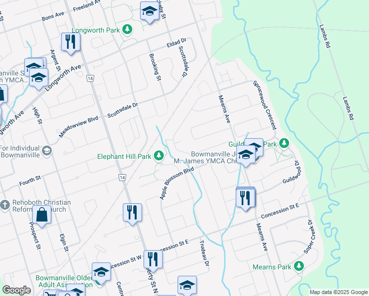 map of restaurants, bars, coffee shops, grocery stores, and more near 14 Elephant Hill Drive in Bowmanville