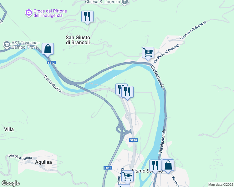 map of restaurants, bars, coffee shops, grocery stores, and more near Strada Provinciale 20 Lodovica in Lucca