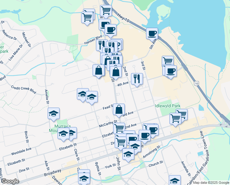 map of restaurants, bars, coffee shops, grocery stores, and more near 60 1st Street in Orangeville