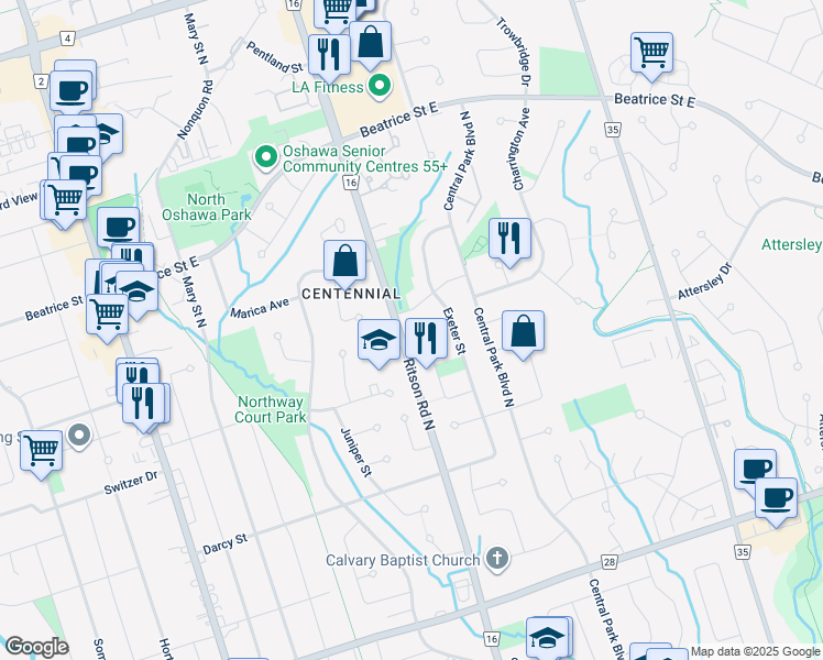 map of restaurants, bars, coffee shops, grocery stores, and more near in Oshawa