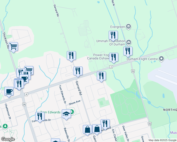 map of restaurants, bars, coffee shops, grocery stores, and more near 922 Taunton Road East in Whitby