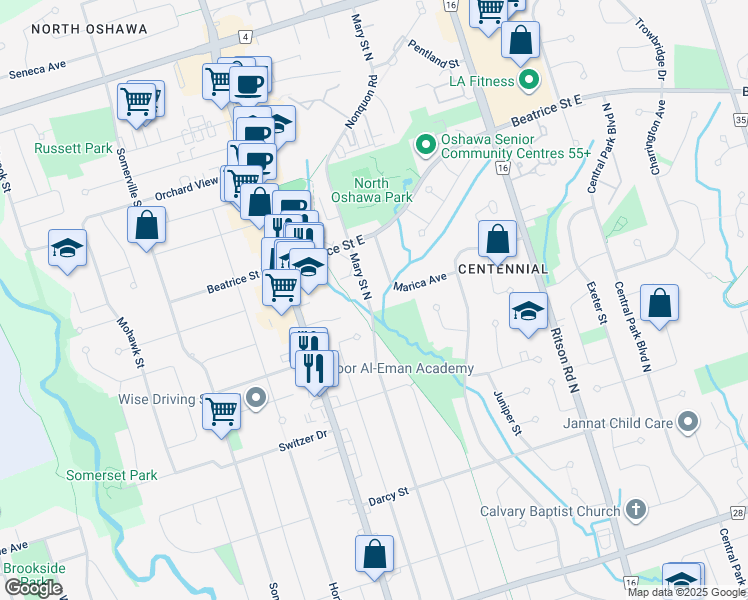 map of restaurants, bars, coffee shops, grocery stores, and more near 991 Mary Street North in Oshawa