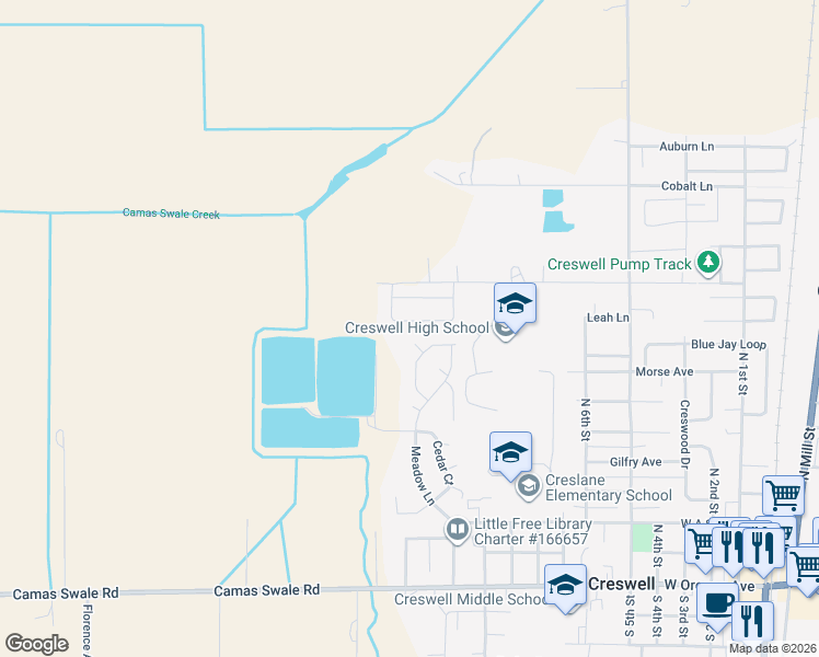 map of restaurants, bars, coffee shops, grocery stores, and more near 557 Pine Court in Creswell