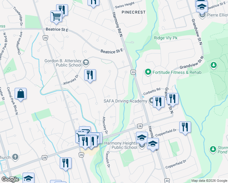 map of restaurants, bars, coffee shops, grocery stores, and more near 848 Attersley Drive in Oshawa