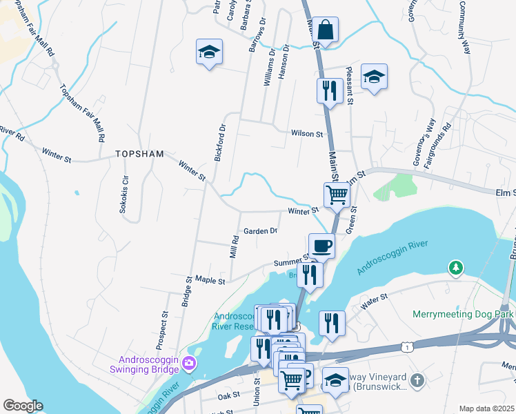 map of restaurants, bars, coffee shops, grocery stores, and more near 11 Garden Drive in Topsham