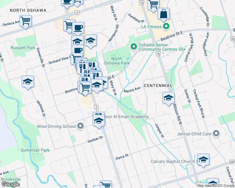 map of restaurants, bars, coffee shops, grocery stores, and more near 991 Mary Street North in Oshawa