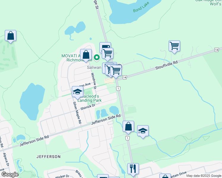 map of restaurants, bars, coffee shops, grocery stores, and more near 174 Shirrick Drive in Richmond Hill