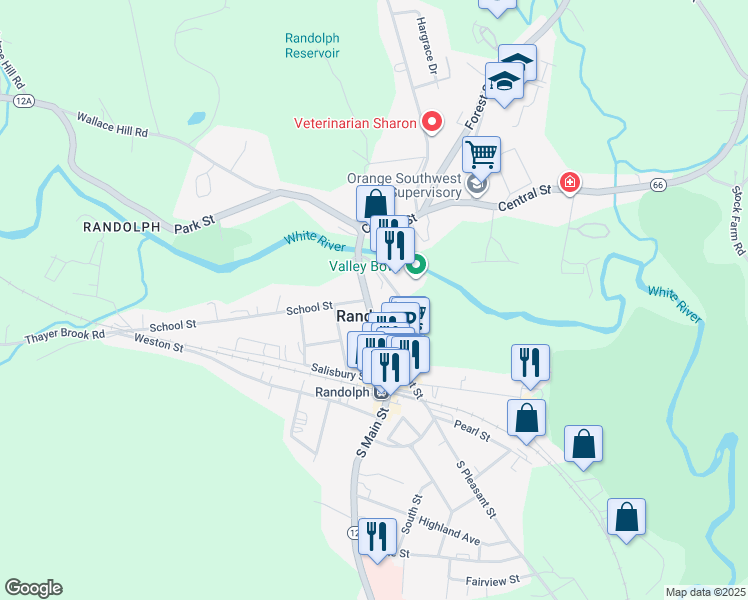 map of restaurants, bars, coffee shops, grocery stores, and more near 67 North Main Street in Randolph