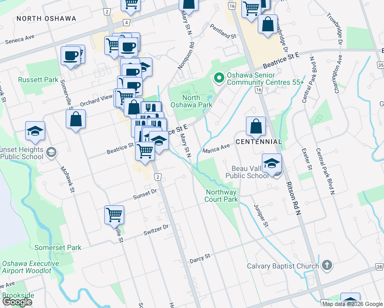 map of restaurants, bars, coffee shops, grocery stores, and more near 1007 Mary Street North in Oshawa
