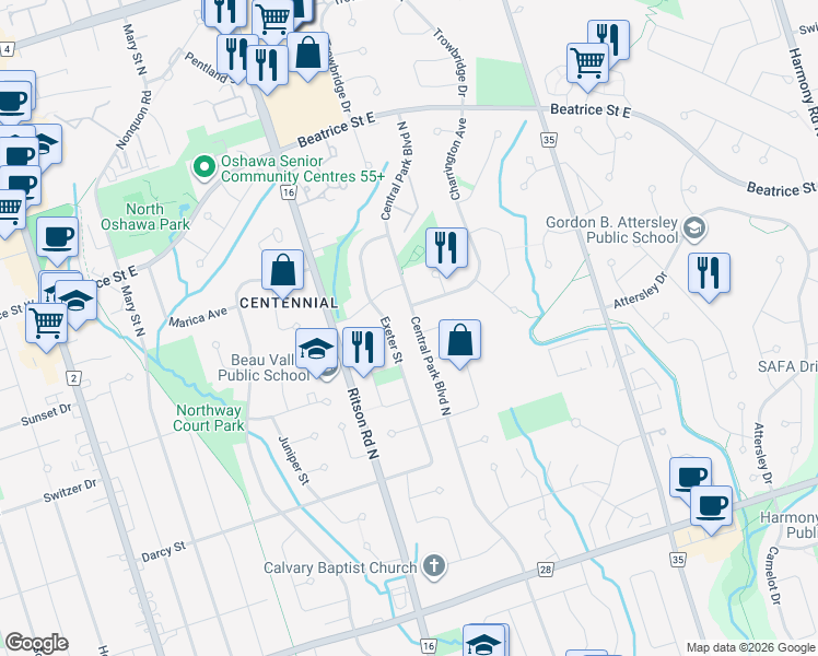 map of restaurants, bars, coffee shops, grocery stores, and more near 934 Central Park Boulevard North in Oshawa