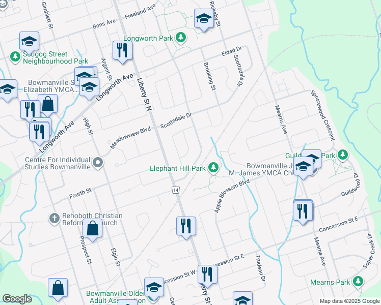 map of restaurants, bars, coffee shops, grocery stores, and more near 23 Forrester Drive in Bowmanville