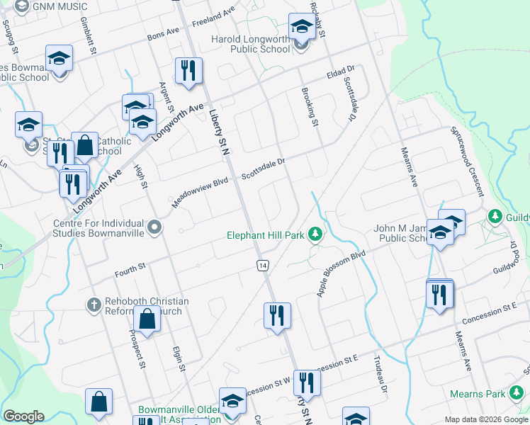 map of restaurants, bars, coffee shops, grocery stores, and more near 54 Redfern Crescent in Bowmanville