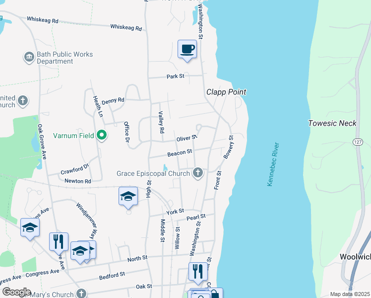 map of restaurants, bars, coffee shops, grocery stores, and more near 54 Oliver Street in Bath