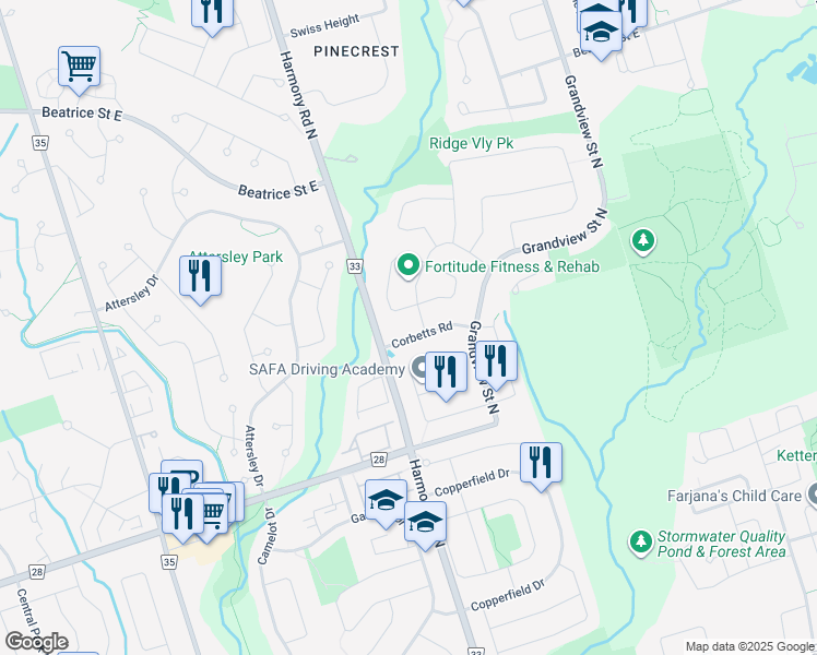 map of restaurants, bars, coffee shops, grocery stores, and more near 960 Sproule Crescent in Oshawa