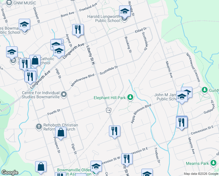 map of restaurants, bars, coffee shops, grocery stores, and more near 58 Redfern Crescent in Bowmanville