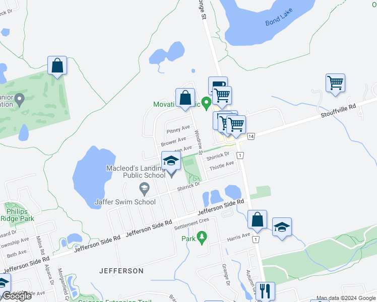 map of restaurants, bars, coffee shops, grocery stores, and more near 37 Pexton Avenue in Richmond Hill