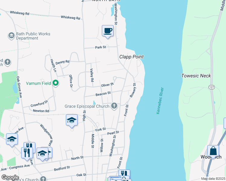 map of restaurants, bars, coffee shops, grocery stores, and more near 34 Oliver Street in Bath