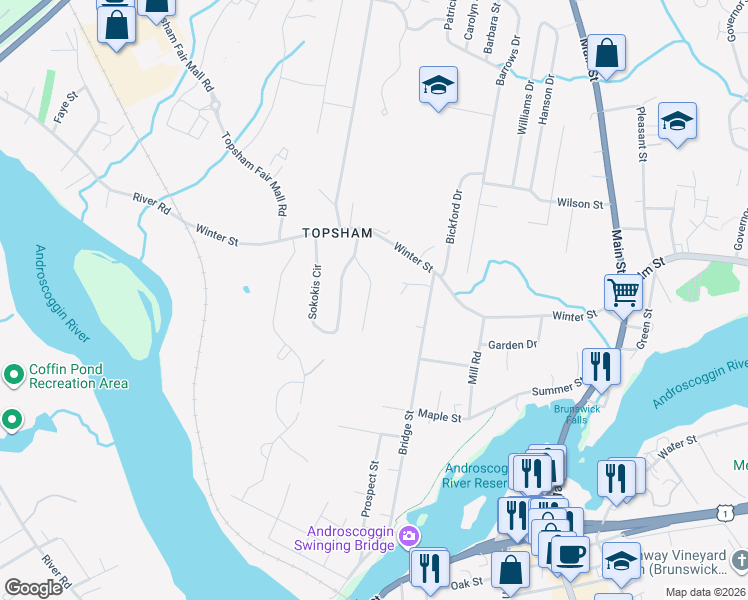 map of restaurants, bars, coffee shops, grocery stores, and more near 5 Abenaki Drive in Topsham