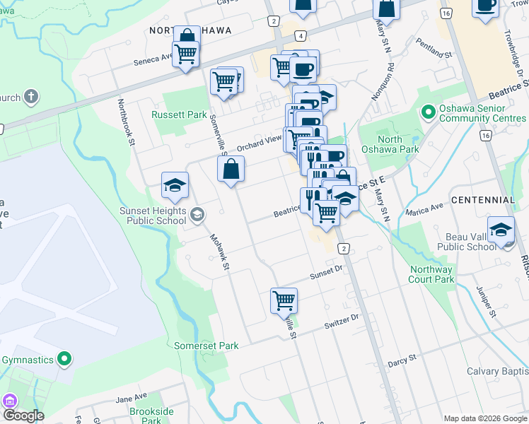 map of restaurants, bars, coffee shops, grocery stores, and more near 100 Beatrice Street West in Oshawa