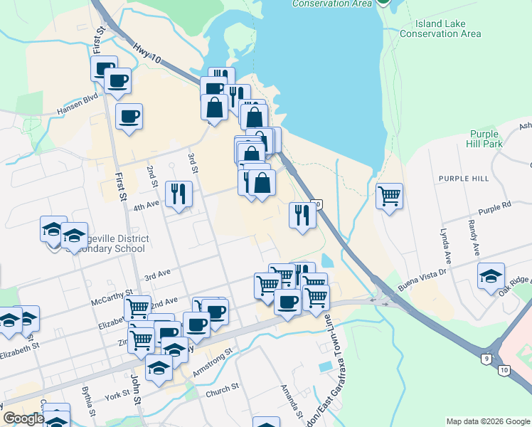 map of restaurants, bars, coffee shops, grocery stores, and more near 50 4th Avenue in Orangeville
