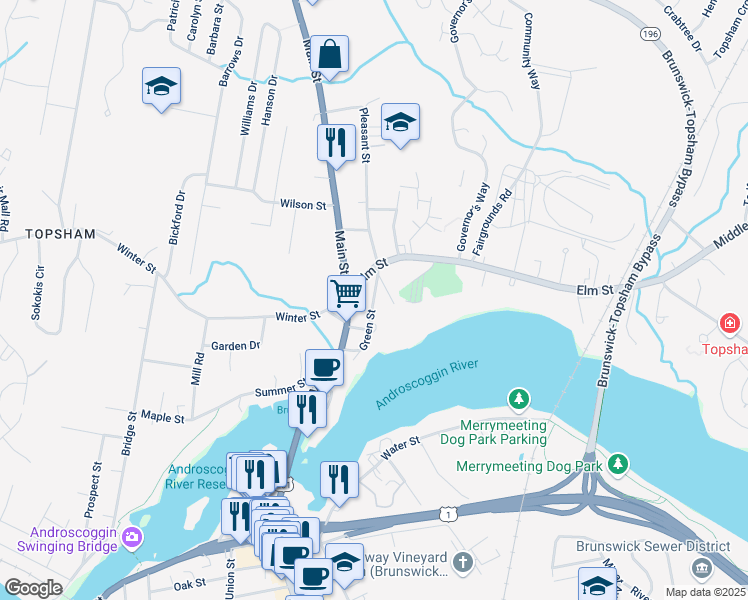 map of restaurants, bars, coffee shops, grocery stores, and more near 2 Green Street in Topsham
