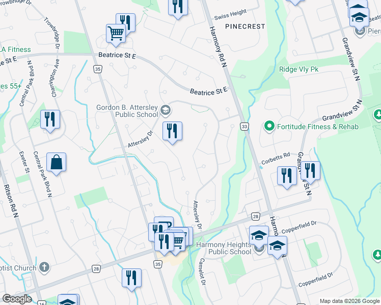 map of restaurants, bars, coffee shops, grocery stores, and more near 844 Lavis Street in Oshawa