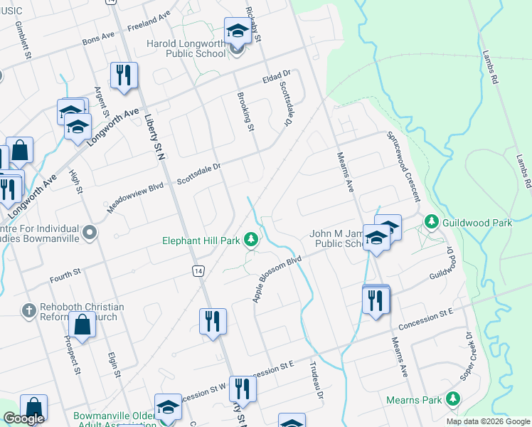 map of restaurants, bars, coffee shops, grocery stores, and more near 56 Elephant Hill Drive in Bowmanville