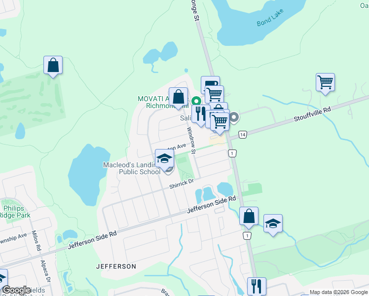 map of restaurants, bars, coffee shops, grocery stores, and more near 43 Pexton Avenue in Richmond Hill