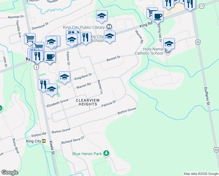 map of restaurants, bars, coffee shops, grocery stores, and more near 30 Crossley Court in King City