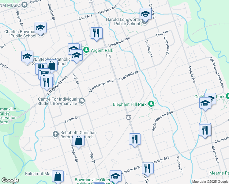 map of restaurants, bars, coffee shops, grocery stores, and more near 4 Sunicrest Boulevard in Bowmanville