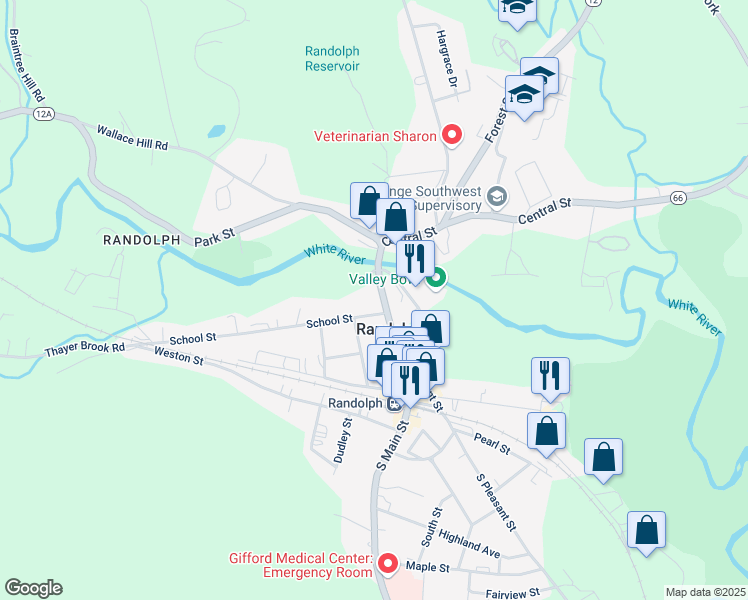 map of restaurants, bars, coffee shops, grocery stores, and more near 102 South Main Street in Randolph