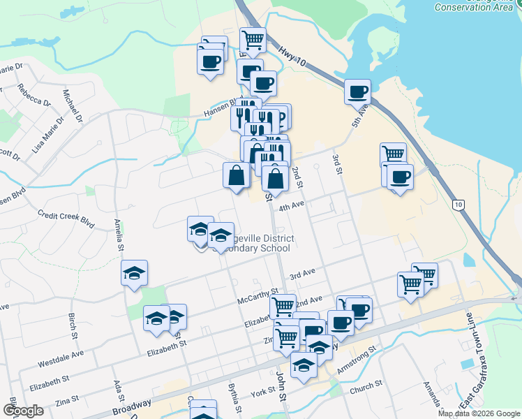 map of restaurants, bars, coffee shops, grocery stores, and more near in Orangeville