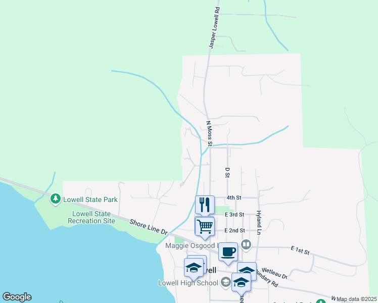 map of restaurants, bars, coffee shops, grocery stores, and more near 577 North Moss Street in Lowell