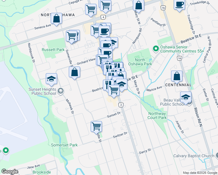 map of restaurants, bars, coffee shops, grocery stores, and more near 21 Beatrice Street West in Oshawa