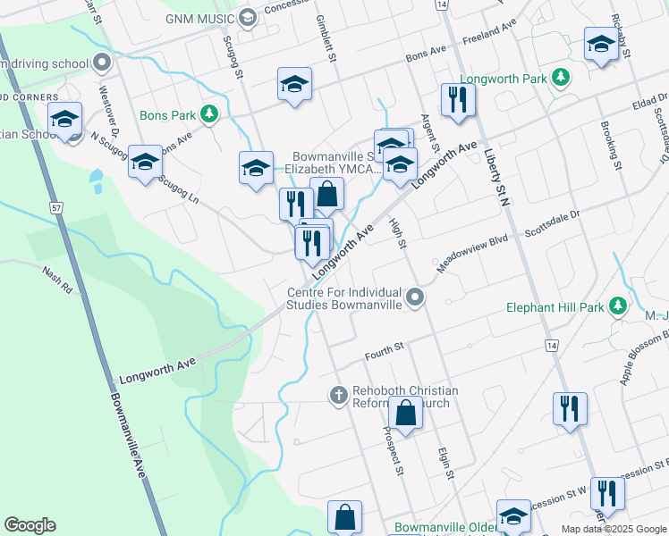 map of restaurants, bars, coffee shops, grocery stores, and more near 20 Longworth Avenue in Bowmanville