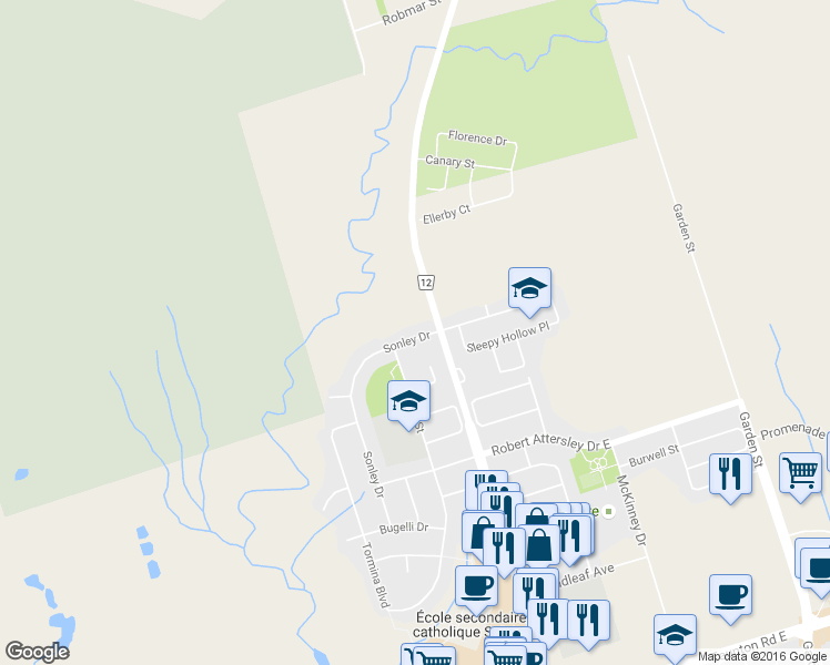 map of restaurants, bars, coffee shops, grocery stores, and more near 102 Sonley Drive in Whitby