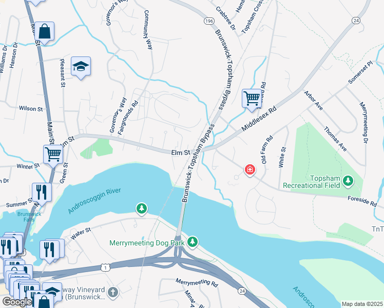 map of restaurants, bars, coffee shops, grocery stores, and more near 65 Elm Street in Topsham