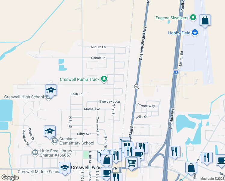 map of restaurants, bars, coffee shops, grocery stores, and more near 109 Robin Court in Creswell