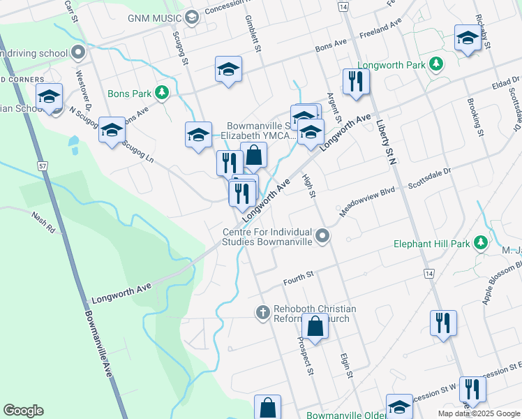 map of restaurants, bars, coffee shops, grocery stores, and more near 20 Longworth Avenue in Bowmanville
