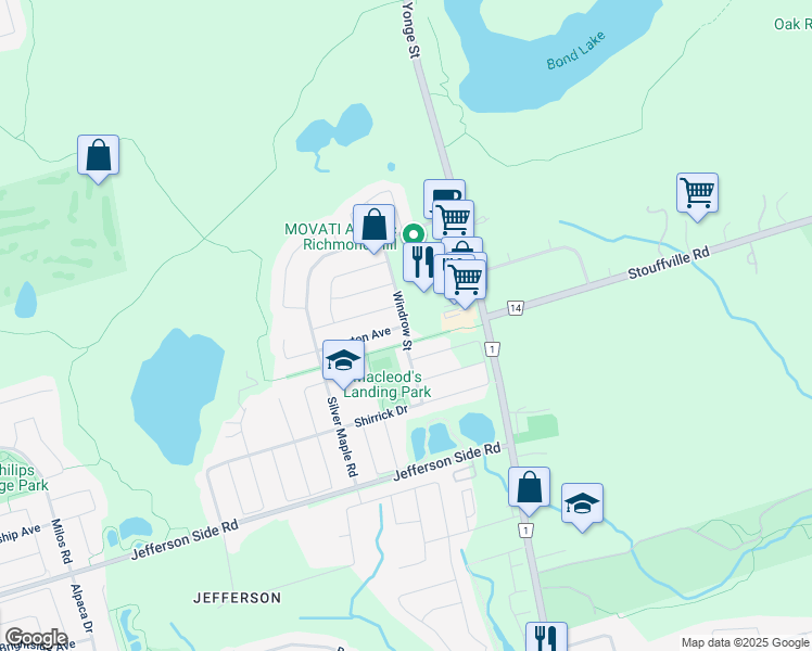 map of restaurants, bars, coffee shops, grocery stores, and more near Windrow Street in Richmond Hill