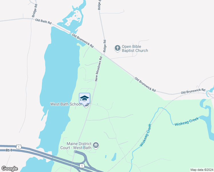map of restaurants, bars, coffee shops, grocery stores, and more near 145 New Meadows Road in West Bath