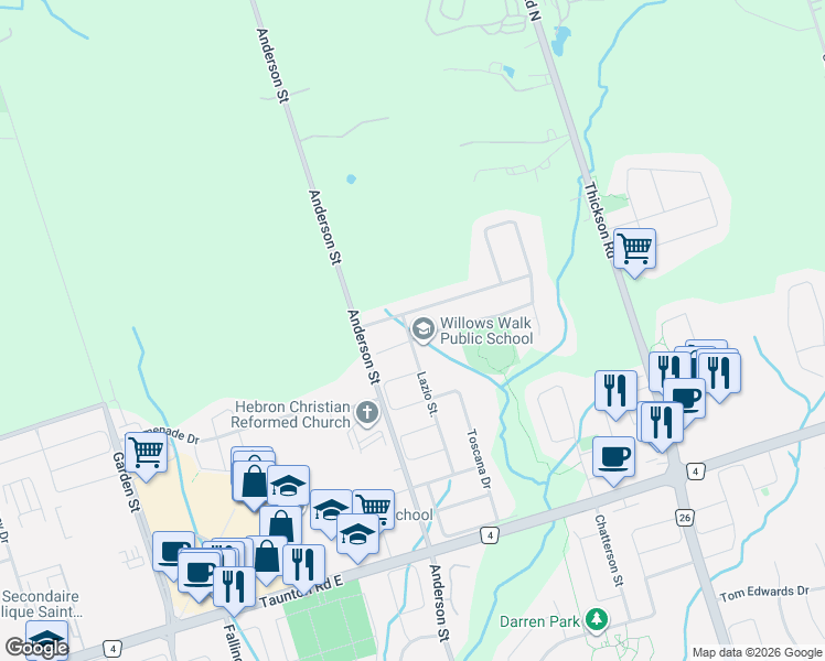 map of restaurants, bars, coffee shops, grocery stores, and more near 14 Samandria Avenue in Whitby