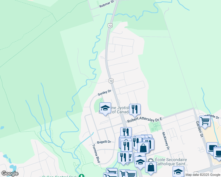 map of restaurants, bars, coffee shops, grocery stores, and more near 102 Sonley Drive in Whitby