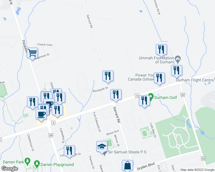 map of restaurants, bars, coffee shops, grocery stores, and more near 6 Birchpark Drive in Whitby