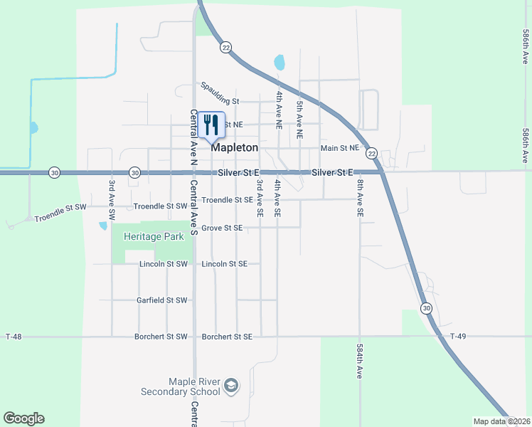 map of restaurants, bars, coffee shops, grocery stores, and more near 206 4th Avenue Southeast in Mapleton