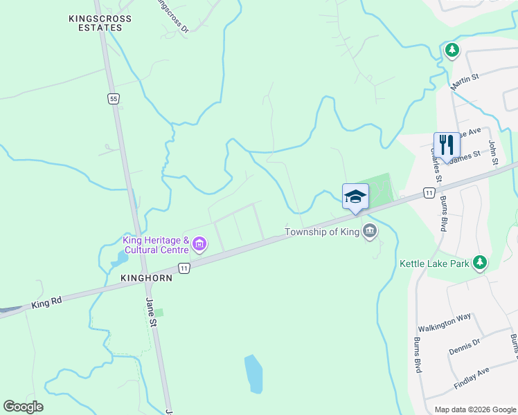 map of restaurants, bars, coffee shops, grocery stores, and more near 23 James Stokes Court in King